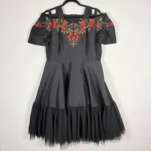 eShakti Womens Large 12 Black Floral Rose Rockabilly Pinup Goth Cold Shoulder